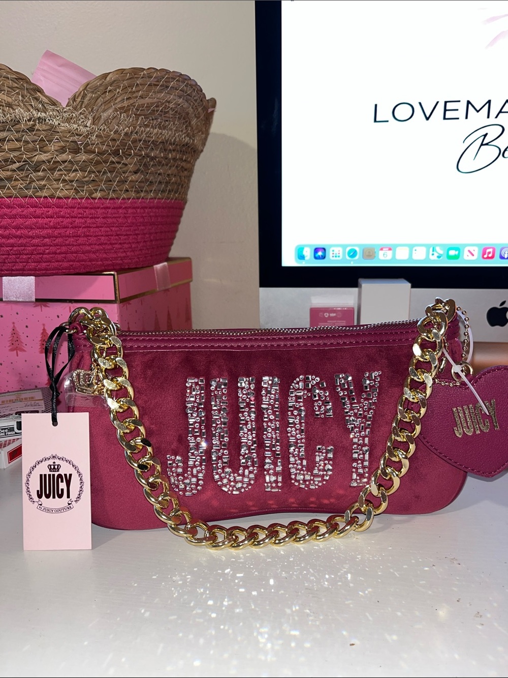 Juicy Couture Fuchsia Crystal-Logo Mini Shoulder Bag with Gold Chain